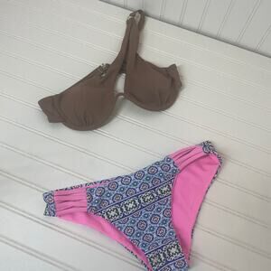 Brown & Blue Pink One Shoulder & Low Rise 2 Piece Swimsuit Size Small